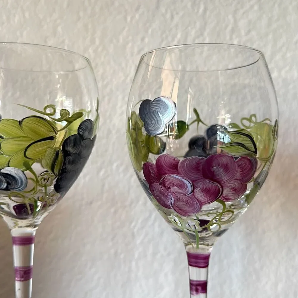 Set of two Wine Glasses hand painted grapes cocktail